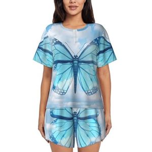 Blauwe vlinder en wolken print dames zomer zachte tweedelige bijpassende outfits korte mouw pyjama lounge pyjama sets, Zwart, 3XL