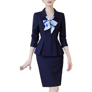 Vrouwen Lente Rok Suits Vrouwen Elegante Lange Mouw Blazers En Mini Rok Tweedelige Set Vrouwen Mode Rok Suits, Blauw, XL