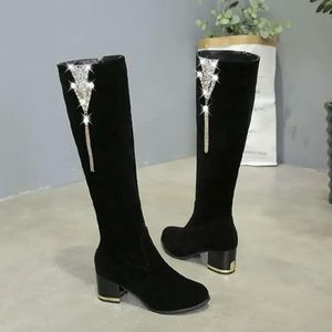 lange laarzen dikke hoge hak vrouwen zwarte laarzen zijrits met fluwelen warme hoge dunne kniehoge laarzen, Zwart, 6.5 US