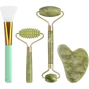 4 stuks Jade Roller & Gua Sha Massagesets, natuurlijke anti-aging gezichtsroller, met maskerborstel, groen