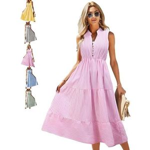 CupitiDU Seer Sucker Jurken voor Vrouwen, Zomer Mouwloos Casual Button Down V-hals Ruches Gestreepte Maxi Shirt Jurk, roze, XXL