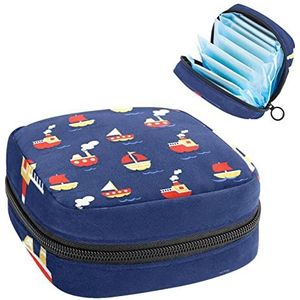 Periode Pouch Draagbare Tampon Opbergtas,Tampon Houder voor Portemonnee Vrouwelijke Product Organizer,Boten Blauwe achtergrond, Meerkleurig, 4.7x6.6x6.6 in/12x17x17 cm