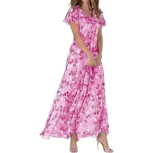 Jurk met ruches en bloemenprint um-6170, roosrood, S