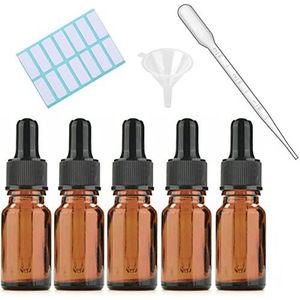 SKYPRO 5Pcs Amber Glas Druppelflesjes Met Zwarte Caps, Gemeten Pipet, Trechter en Etiketten; 5ML Glazen Oogdruppelflesjes voor Essentiële Olie Pipet Hervulbaar