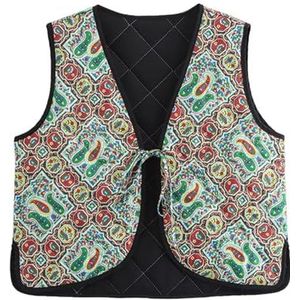 YDYAENIO Geborduurd vest voor dames herfst dames print mouwloos gewatteerd vest strik vetersluiting dun vest retro korte top, Groen, M