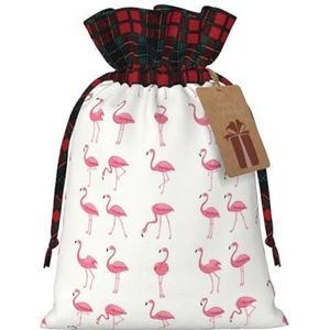 Flamingo's op witte bedrukte herbruikbare kersttrekkoord geschenkzakje voor geschenken, kerstfeest, vakantiedecoraties (S/M)