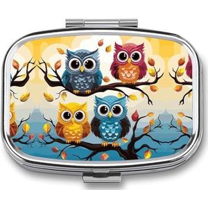 Pillendoos 2 compartimenten medicijnpillendoosje uilen op boomtakken bedrukte draagbare pillendoos reizen pillenorganizer voor zakportemonnee dagelijkse geneeskunde vitaminedoos visoliedoos