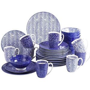 vancasso, Takaki Porseleinen servies, 32-delige set, rond combiservies, met 8 koffiekopjes, mueslikommen, taartborden en eetborden voor 8 personen, blauw