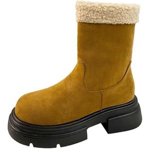 Zyerern Fleece Gevoerde Laarzen voor Vrouwen Retro Nieuwigheid Ronde Neus Waterdicht Warm Faux Pluche Mid Hak Mid Kuit Laarzen, JH87, Bruin, 4.5 UK Wide