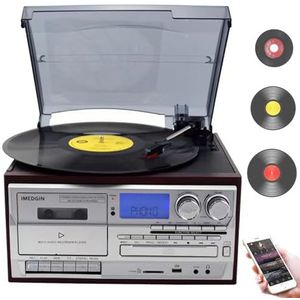 9 in 1 Vinyl Platenspeler, Retro Bluetooth Platenspeler, Met Mat Stofkap, 3 Snelheids Bluetooth Vintage Platenspeler, Am/Fm Radio, USB/Sd/Mmc Weergave, CD/Cassette