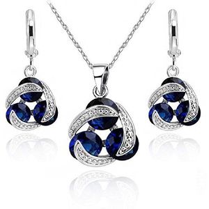 Crystalline Azuria Ronde Blauwe Gesimuleerde Saffier Zirkonia Kristallen Set Hanger Ketting 45 cm Oorbellen 18 kt Witgoud Verguld