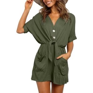 Jumpsuits Voor Vrouwen Zomer Casual Vrouwen Jumpsuits Effen Kleur Romper Dames Knopen Zakken Casual Bodysuit Tie Up Korte Mouwen V-hals Playsuit Overalls, Groen, S