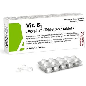 Vitamine B1 Agepha hoge dosis 200 mg thiaminetabletten voor zenuwschersen, zenuwlijden, geheugen en concentratieproblemen, vegetarisch, 20 stuks