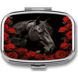 Pillendoos Zwart Paard op een achtergrond van rode rozen bedrukte rechthoek medicijndoos 2 compartimenten medicijnkoffer voor zak portemonnee en reizen