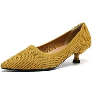 MRKEWUNEY Casual Knit Kitten Heel Pumps fo Dames Klassiek Woven Low Heel Gesloten Teen Anti-Slip Comfort Slip On Bruiloft Partij Kantoor Casual Dress Schoenen Apricot-yellow Size 37