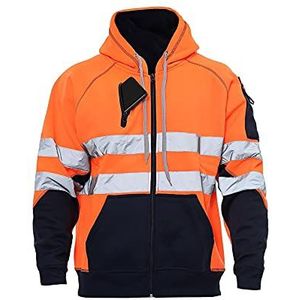 janisramone Heren Jongens Nieuwe Hi Vis Reflecterende Zichtbaarheid Hoody Contrast Patch Fleece Sweatshirt Werk Hoodie Jas, Neon Oranje/Navy met 3 ritszakken - Hoodie met rits, 3XL