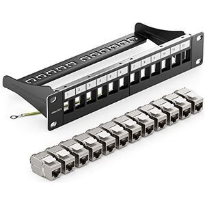deleyCON 12-Poorts Patchpaneel Set Modulair 1 U 10"" Inch Rekinstallatie + 12x RJ45 Keystone-Modules CAT6a Compatibel met CAT5 CAT6 CAT7 LAN Netwerk Kabel Installatie Kabel Zwart