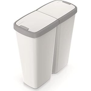 HRB DUO Bin Vuilnisbak, 2 vakken, ideale vuilnisbak voor de keuken, met 2 x 25 liter afvalemmer, scheidingssysteem, praktische vuilnisbak voor afvalscheiding (wit-grijs)