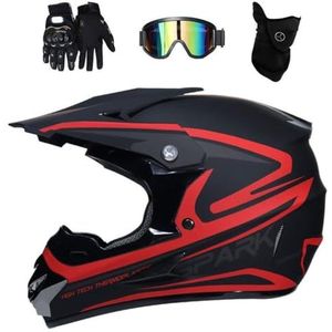 Uniseks Integraal MTB Motorcross Helm, Jeugd Kinderen Offroad Motor ATV Scooter Enduro Helmen, Bergafwaarts Racen BMX Quad Dirt Bike Helm, met Bril Handschoenen Masker(Red,L/56-57CM)