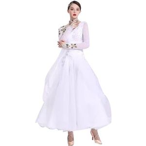 FZHQNZJF Standaard Balzaal Dansjurken Dames Wals Flamenco Concurrentie Uitrusten Borduurwerk Foxtrot Prestatie Kostuum Salsa Tango Danskleding met Strass,Wit,3XL