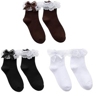 MEMOFYND 3 paar kanten middellange kuitsokken, kanten ruches sokken, damessokken, bobby-sokken, kledingsokken, geschikt voor schoenen en kleding (zwart, wit, bruin), zwart, wit, bruin., One size