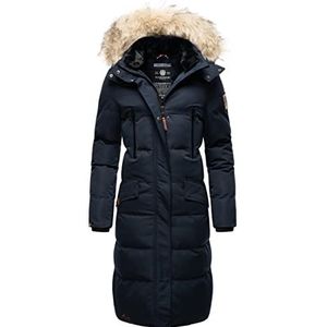 MARIKOO Sneeuwsterntje Winterjas voor dames, warme gewatteerde jas, lang met afneembaar kunstbont en capuchon, XS - XXL, Donkerblauw, M
