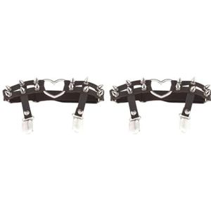 2 Set van 1x Vrouwen Lederen Dubbele Band Hart Kousenband Elastische Klinknagel Stud Been Jarretellegordel Donkere Koffie