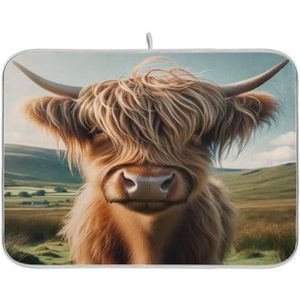 Highland Cow on Field Dish Droogmat 45 x 61 cm Schotel Droogpad voor Keuken Counter Dish Zeef Mat