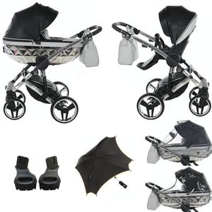 Originele Junama Diamond Hand Craft Glitter Modulaire Systemen combi-kinderwagen 2-in-1 3-in-1 4-in-1 + originele accessoires exclusieve Prams (2-in-1 + adapter, 03 zwart - zilver)