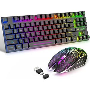 T87 Upgrade 87 Toetsen Draadloos Toetsenbord + 2400DPI 6 Knoppen Optische Regenboog LED Muis Combo - Regenboog Backlit Mechanisch Voelen Toetsenbord met Gratis Gaming Muismatten (zwart)