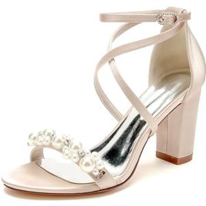 GHSIRUEU Dames Sandalen met Witte Hak en Parel Decoratie Enkelbandje Open Teen Elegante Zomer Avond Bruiloft Party Schoenen,Champagne,36 EU