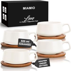 MIAMIO Theekopjes, set van 4 stuks, keramisch, met schotels, 320 ml, bamboe/theemok, brede cappuccinokopjes, voor cappuccino, latte, espresso en Americano, Luxe-collectie, wit