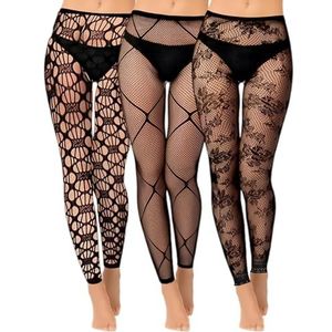 Makoto Nobu 3 paar patroon panty's, patroon visnet kant, hoge taille net voetloze leggings visnet panty goth kousen geen tenen panty, Zwart, One size