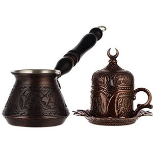 DEMMEX 6 stuks Turkse Griekse koffieset voor 1 met gegraveerde 1 mm dikke koperen koffiepot en zware kop schotel deksel en lepel (antiek koper)