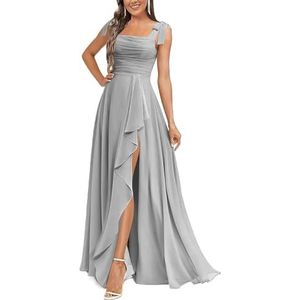 KURFACE Chiffon bruidsmeisjesjurken voor dames met split ruches lange bruidsmeisje vloerlengte formele feestjurk, Zilver, 32