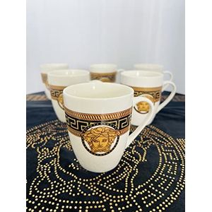 Unbekannt Set van 6 koffiekopjes van porselein, voor 6 personen, Medusa meander-koffieglazen met patroon, wit-goud, 300 ml
