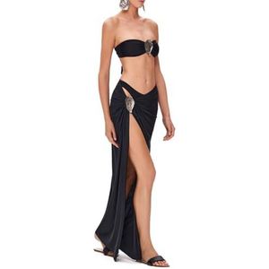 HFYRBDKSPI 3-delig damespak Driehoekige bikiniset Elegante badmode met bedekkende strandrok,zwart,L