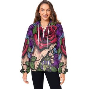 KAAVIYO Paarse roos handen kunst pluizige jas pullover hoodie capuchon zakken donzig fleece sweatshirt ronde hals truien hoodies voor meisjes vrouwen, Patroon, L