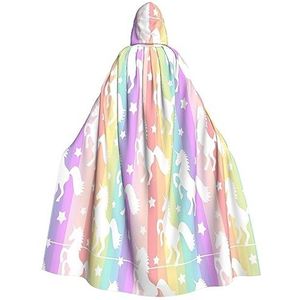 Bxzpzplj Eenhoorns op kleurrijke strepen capuchon mantel voor mannen en vrouwen, carnaval tovenaar kostuum, perfect voor cosplay, 185 cm