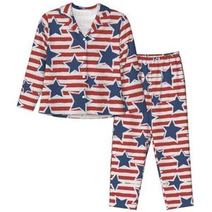 ERhoug Rood Wit Ster Streep Vlag Print Womens Pyjama Set Lange Mouw Down Knop, Zachte Pjs Voor Nachtkleding En Lounge Wear, Zwart, S