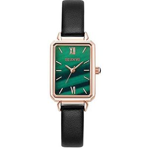 JewelryWe Horloges Voor Vrouwen Ronde/Vierkante Groene Wijzerplaat Analoge Quartz Horloge Eenvoudige Stijlvolle Casual Lederen Horloge, Vierkant-zwart, riem