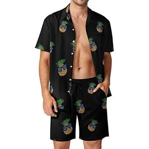 American Flag Ananas Hawaiiaanse bijpassende set voor heren, 2-delige outfits, button-down shirts en shorts voor strandvakantie