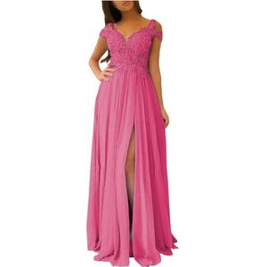 SAMHO Chiffon bruidsmeisjesjurken voor dames, lange koude schouder, formele avondjurken met split kant lijfje galajurken, roze (hot pink), 38
