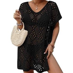 Cover-up voor vrouwen, strandkleding, strandkleding, zomer, dames, strandjurk, badpak, cover-up, mode, holle, gehaakte V-hals, korte mouwen, zonneshirt, bikini-cover-up voor dames (zwart)