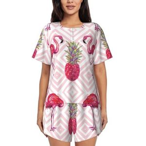 JIAWUJYNB Rode flamingo ananasprint dames pyjama met korte mouwen - comfortabele korte sets, mouwen nachtkleding met zakken, Zwart, XL