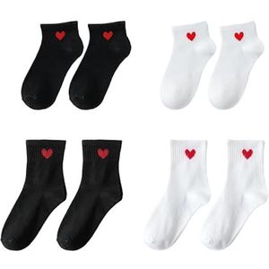 DAZZLUXE 4 paar rode liefdessokken, hartvormige sokken, korte en middelgrote sokken-combinatie, damessokken, rode hartvormige modieuze sokken, schattige sokken, sportsokken voor dames (zwart, wit),