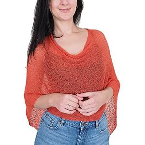 Mimosa Dames Gehaakte kleine poncho, stretch kant, visnet, vleermuismouwen, Verbrand Oranje, one size