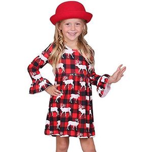 JOMA E-Shop Meisjes Jurk Rendier Moose Allover Plaid Gegolfd Kerst Jurk Lange Seelve voor 4-13 Jaar, (4Y-5Y)S, C