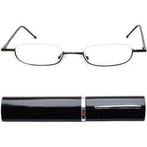 Mini Brille® Smalle Metalen Mini Half Frame Leesbril, Metaal Frame (Zwart), GRATIS Slim-Fit Aluminium Koker, Halve Maan Leesbril Mannen en Vrouwen +2,0 Dioptrie