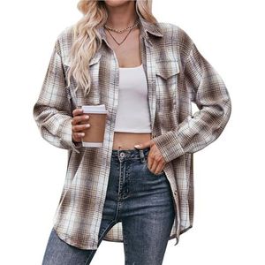 Sawmew Dames geruit overhemd dames shacket dames plus size flanellen overhemd casual geruite overhemden voor dames retro oversized overhemden(Khaki,S)
